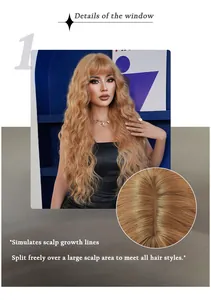 Detail of light blonde long wavy wig showing realistic simulated scalp and hair growth lines