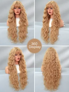 360-degree view of long wavy blonde wig with flat bangs on a model head stand