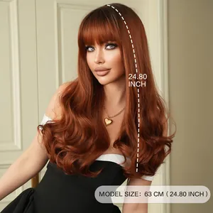 Long wavy copper brown wig with bangs and voluminous curls, measuring 24.80 inches long