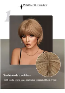 Detalle de peluca bob rubia con simulación de cuero cabelludo y raya de pelo natural