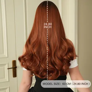 Long wavy ginger brown hair wig for women with fringe and voluminous 24.80 inch curls