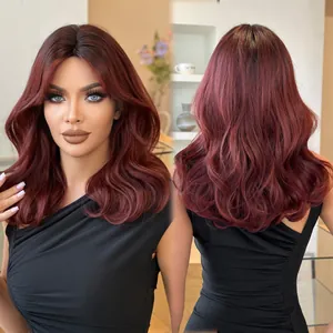 Front and back view of mid-length burgundy wavy wig with natural bangs for women