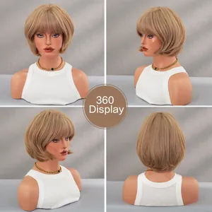 Vista de 360 grados de la peluca corta estilo bob rubio miel con flequillo