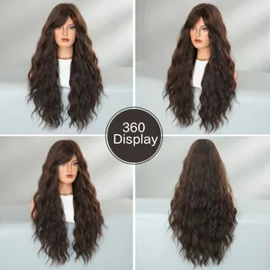 360-degree detailed view of long wavy tea brown wig with side-swept bangs