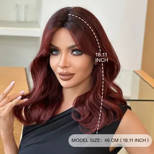 Shoulder-length auburn wavy wig for women with side bangs 18.11 inch length