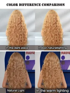 Long wavy honey blonde synthetic wig showing color comparison under four lighting conditions