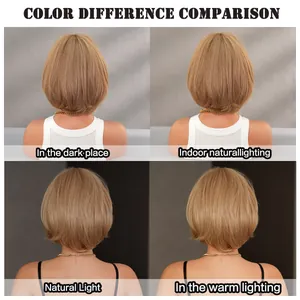 Comparación de colores de la peluca bob corta bajo luz natural y cálida ambiental