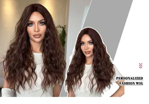 Detail showing the long wavy texture and natural middle part of the dark brown hair wig