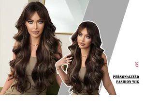Detail of long wavy brown wig with honey blonde highlights and curtain bangs