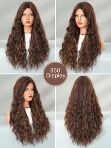 Comprehensive 360 display of long wavy synthetic wig in honey brown with soft highlights