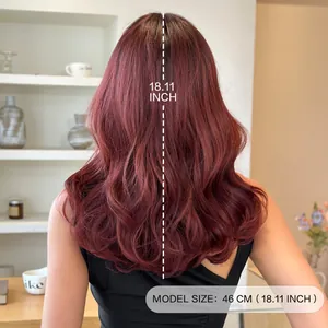 18 inch wine red long wavy wig for women featuring natural shoulder length curls