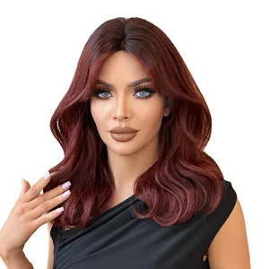 Elegant wine red shoulder-length wavy wig for women with natural middle-parted layers