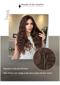 Detail view of long wavy brown wig featuring a realistic scalp for flexible parting