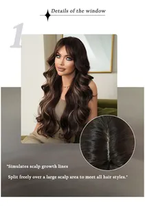 Detail of synthetic long wavy wig with realistic scalp part and honey blonde highlights