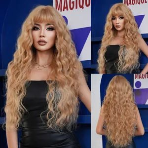 Women Long Curly Wavy Wig With Full Bangs High Temperature Synthetic Fiber Heat Resistant Natural Looking Hair For Party Cosplay