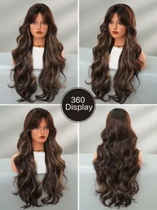 360-degree view of a long wavy wig in dark brown with honey blonde highlights and bangs
