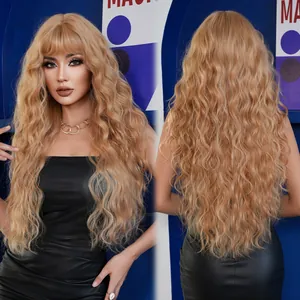 Long wavy honey blonde wig with bangs for women showing front and back views