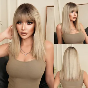 Hitzebeständige Synthetische Glatte Perücke Mit Pony Schulterlang Blond Braun Verlauf Für Damen Alltag Party Cosplay