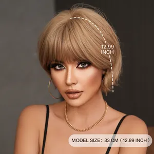 Peluca bob corta rubia con flequillo, 33cm cabello liso a capas para mujer