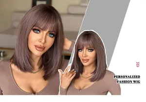 Detail of a mauve straight wig with flat bangs and layered shoulder-length inner buckle
