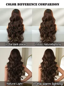 Comparison of brown wavy wig color tones under various indoor and natural lighting setups