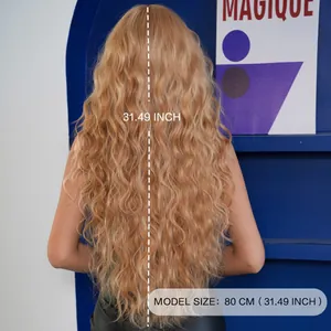 Long wavy golden blonde synthetic wig for women, 80cm 31.49 inch length, back view display