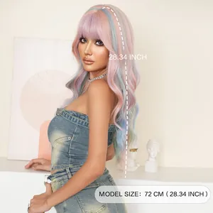 Parrucca lunga ondulata arcobaleno Y2K con frangia, capelli sintetici macaron da 72 cm