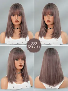 360-degree view of mid-length pink-purple straight wig with bangs from four angles