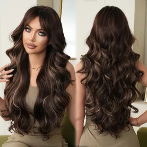 Long wavy brown wig with honey blonde highlights and bangs shown in dual perspective views