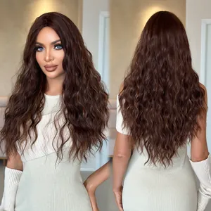 Long wavy auburn brown wig for women showing front and back views with natural volume