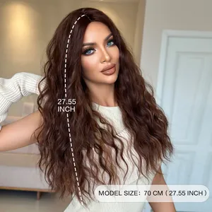Long wavy 70cm brown hair wig for women with natural large ocean wave texture