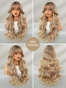 Détail montrant les vues à 360 degrés de la longue perruque blonde ombrée à frange