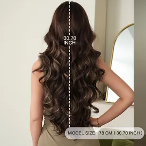 Long wavy brown wig with honey blonde highlights and curtain bangs for women 78cm