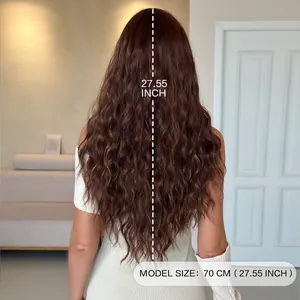 70cm long wavy brown wig with natural volume shown from the back perspective