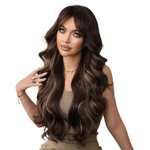 Long wavy brown wig with honey blonde highlights and curtain bangs for women