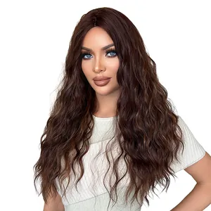 Long wavy dark brown synthetic wig for women featuring natural loose curls and middle part