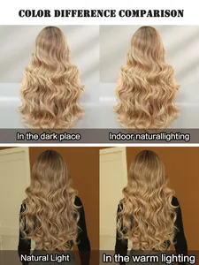 Détail de la texture des cheveux longs ondulés ombré doré sous quatre éclairages différents