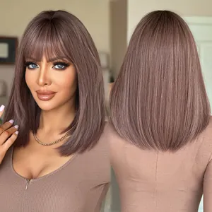 Shoulder-length ash pink brown straight wig with bangs and subtle layered ends