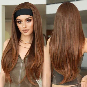 Perruque Bandeau Longue Lisse pour Femmes Cheveux Synthétiques Haute Température Aspect Naturel Ombré Marron Gris