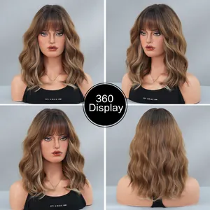 Vue à 360 degrés d'une perruque bob courte ondulée ombrée avec frange marron blond