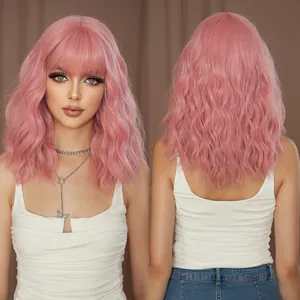 Perruque Ondulée Rose Orange Avec Frange Droite Cheveux Synthétiques Résistants À La Chaleur Style Y2K Pour Femmes