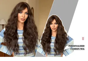 Detail of long wavy brown hair wig with natural fluffy waves and side bangs