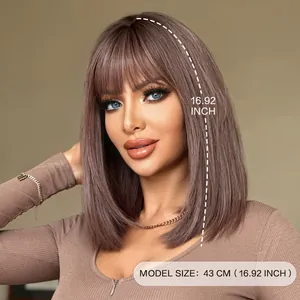 Ash brown medium length straight wig with flat bangs and 43cm layered shoulder cut