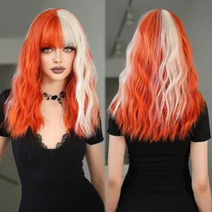 Women Subculture Y2K Wavy Synthetic Hair Wig With Bangs Colorful Split Color Pink Orange Heat Resistant Fiber For Party Cosplay