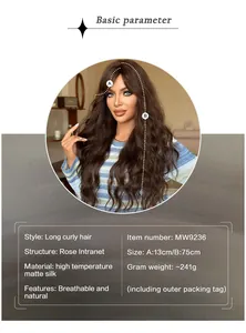 Detail view of tea brown long wavy wig showing breathable rose net and specifications