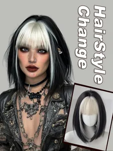 Detailansicht der zweifarbigen schwarz-platinblonden Bob-Perücke mit Pony