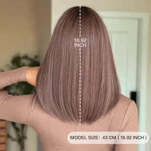 Back view of 43cm straight dusty purple wig with smooth hair texture and layered cut