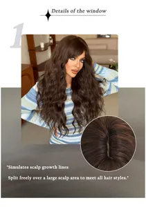 Macro detail of simulated scalp with realistic parting on brown wavy long synthetic wig