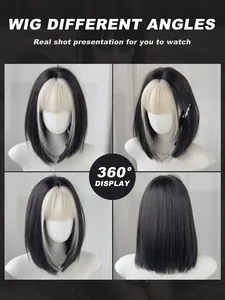 360-Grad-Ansicht der kurzen schwarzen Bob-Perücke mit platinblonden Highlights