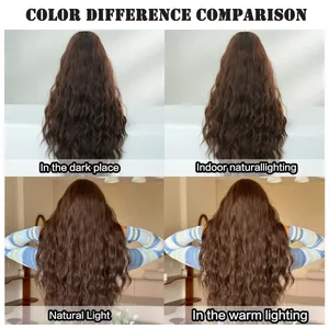 Brown long wavy wig color comparison in dark, indoor natural and warm light settings